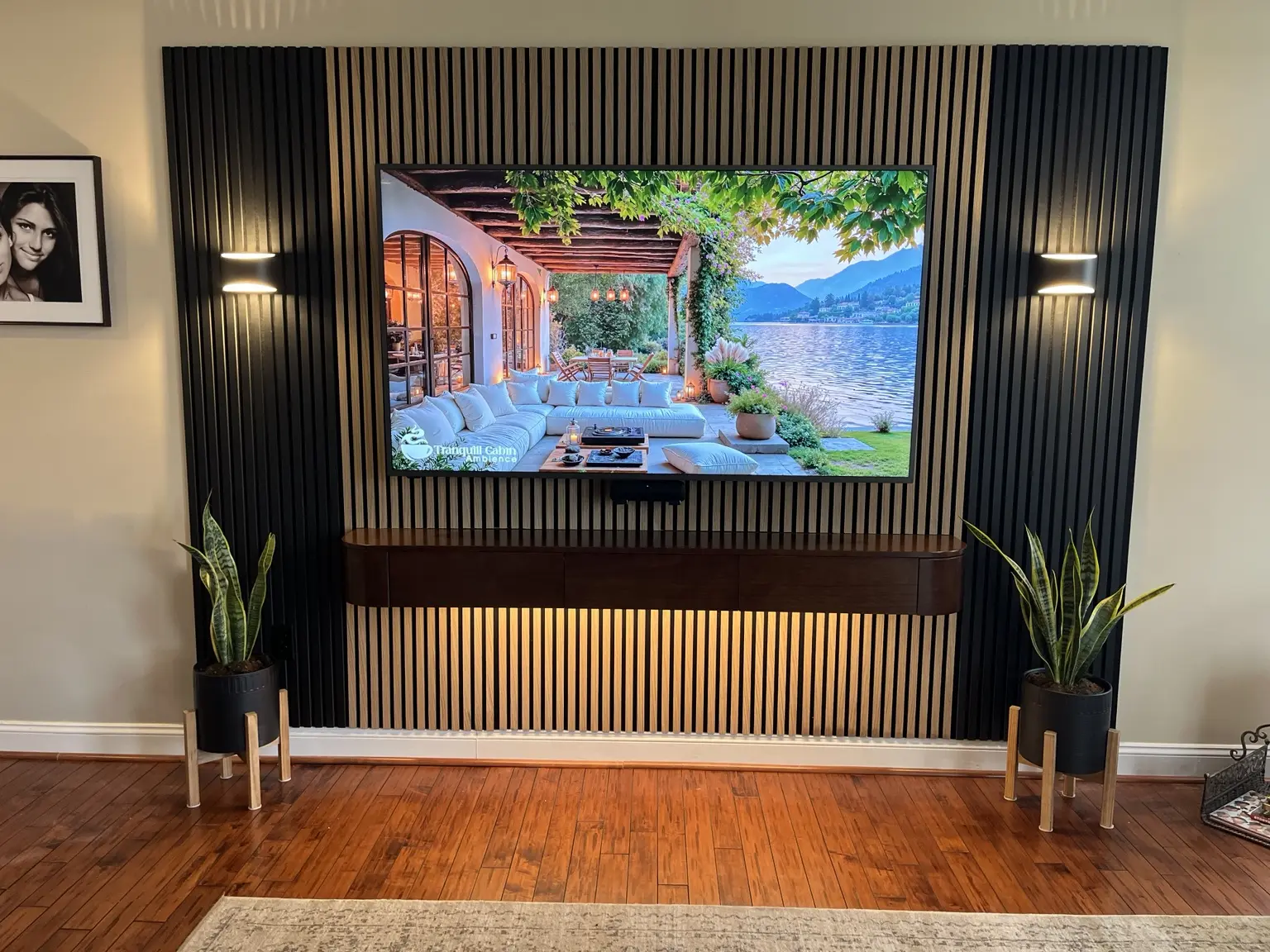 Completed slatted architectural media feature wall