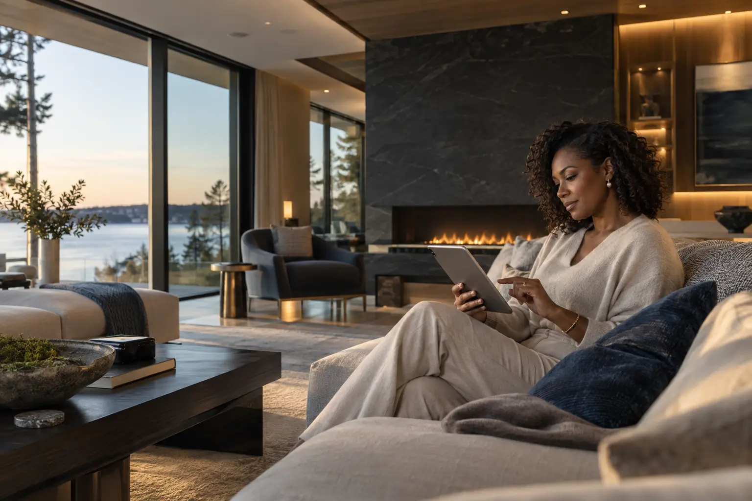 Homeowner using an integrated control system in a calm, finished living room